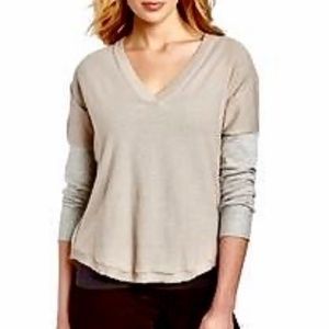 BCBGeneration Gray Tan Dropped Shoulder V- Neck Sweater